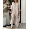 Women's Round Neck Three Quarter Sleeve Irregular Long Tunic Top High Waist Wide Leg Pants Two Piece Linen Set Casual Beach Vacation Outfit