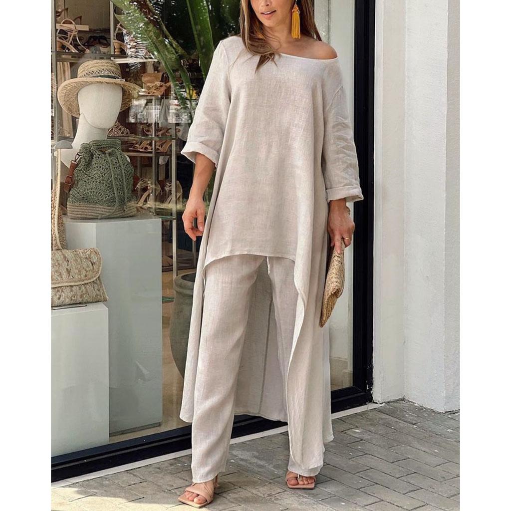 Women's Round Neck Three Quarter Sleeve Irregular Long Tunic Top High Waist Wide Leg Pants Two Piece Linen Set Casual Beach Vacation Outfit