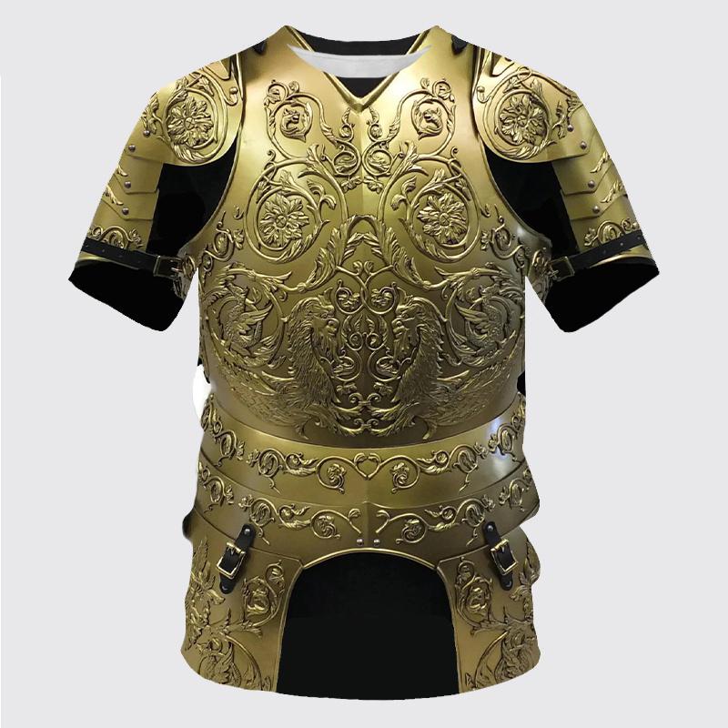 T-shirt Sportiva da Uomo a Maniche Corte Traspirante ad Asciugatura Rapida con Stampa 3D Medievale di Armatura da Cavaliere, Abbigliamento Trendy Street Casual Cosplay