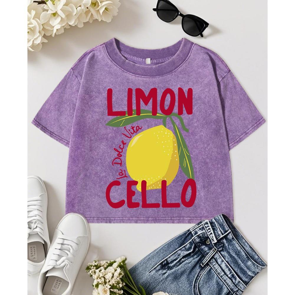 Creative Lemon Fruit Cello Prints Washed Crop T Shirt Woman Summer Cotton Clothes Casual Y2K Tops Slim Crewneck T-Shirts