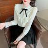 Winter Fashion New 2024 Long Sleeve Bow Ruffled Collar Ruffles Apricot Velvet Lace Blouse Shirt Women Tops Blouses Shirts J795