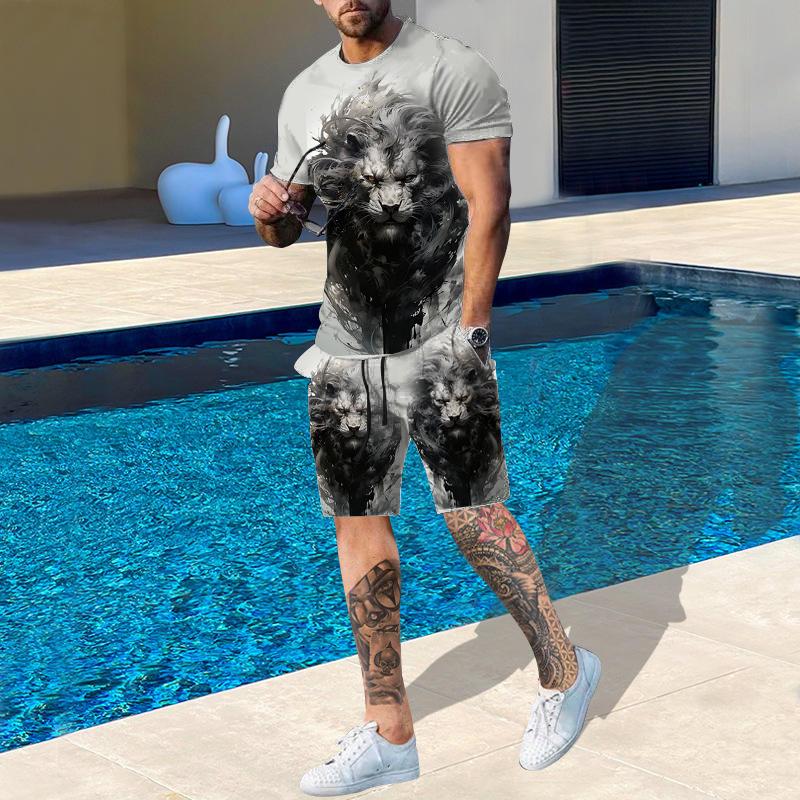 Fashion Men 3D Lion Pattern Summer Casual Breathable Refreshing Sports Suit Oversized Men s Loose Top Y2K Style Suit S