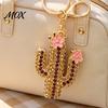 Golden Plated Key Holder Bling Rhinestone Cactus Keychain, Pink Flower Keyring Pendant Pendant, Handbags Backpacks Purse Charm Accessory Decoration
