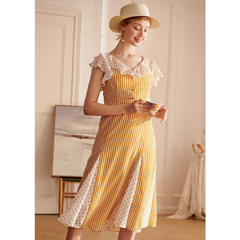 

Ouruier French style Light Yellow Polka Dot Dress Women Summer Dopamine Wear Temperament Slimming Patchwork Long Skirt Yellow-In Stock S
