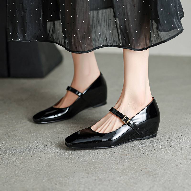 

Krazing Pot Sheepskin Square Toe Med Heels Summer Shoes Big Size 41 Wedges Office Lady Women Increased Pumps 34 чёрный