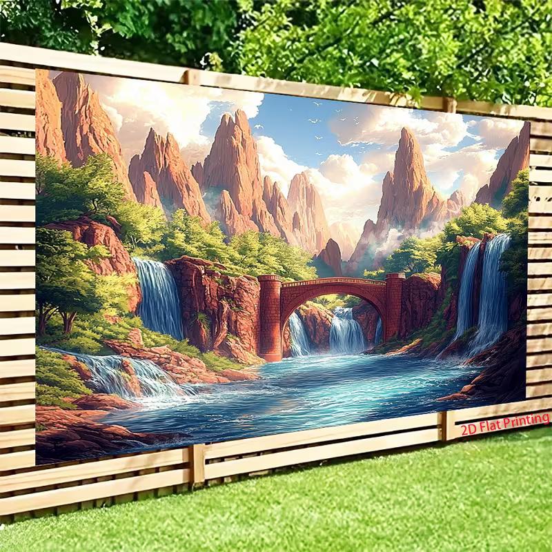 2D Mountain Waterfall Bridge Backdrop, Nature Landscape Photography Background