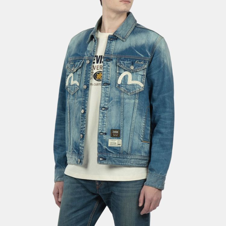 Evisu FW22 Letter Logo Printed Wash Single-Breasted Collar Denim Jacket Men Jackets Blue 2EAHTM2DJ716XXCT