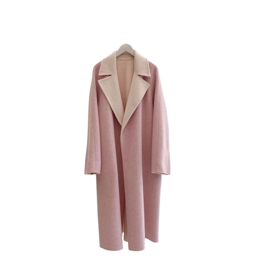 Pink Large Lapel Collar Double-sided Wool Coat Autumn and Winter Women's Medium and Long Woolen Coat Simple and Loose Temperament