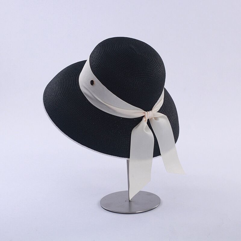 Retro French Hepburn Straw Hat Bow Female Summer Seaside Big Brim Sun Protection Shade Travel Vacation Leisure Wild Brim Beach H