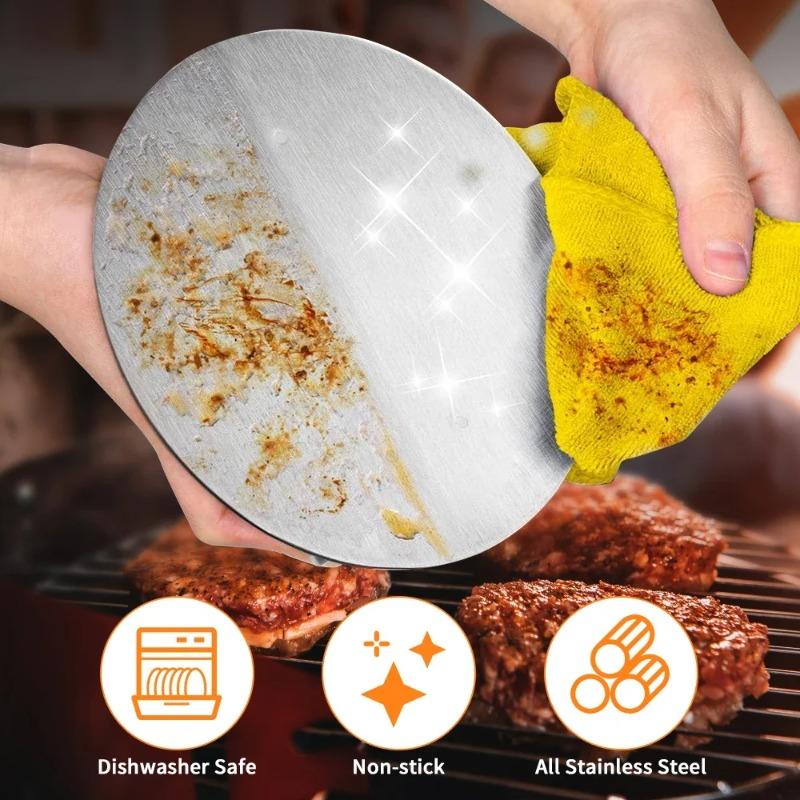 Stainless steel round hamburger press plate with handle, cooked meat steak mashing machine, board burning kitchen artifact