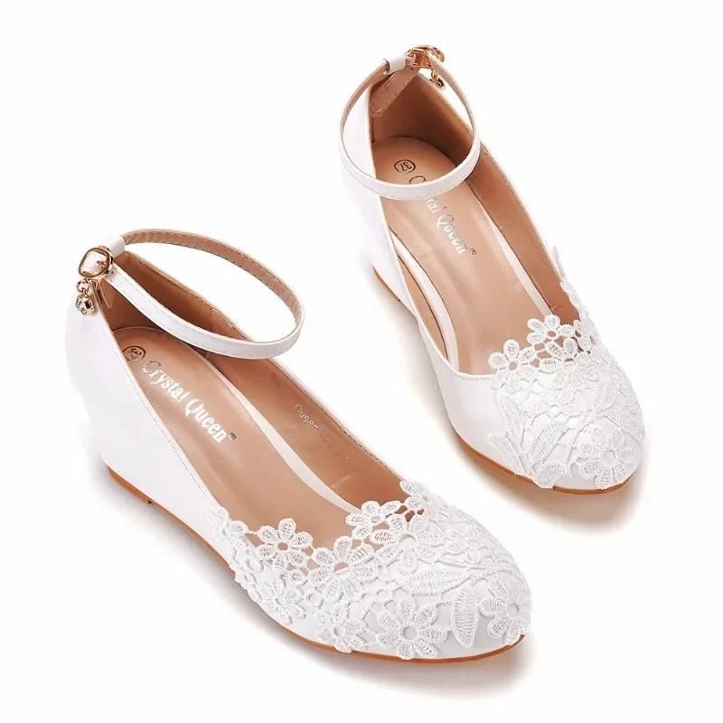 Damen Office Lady Pumps Runde Spitze Schnürband mit Schnalle PU 5CM Keilabsatz Lady Hochzeit Japanischer Stil Damenschuhe Weiß Party Abschlussball