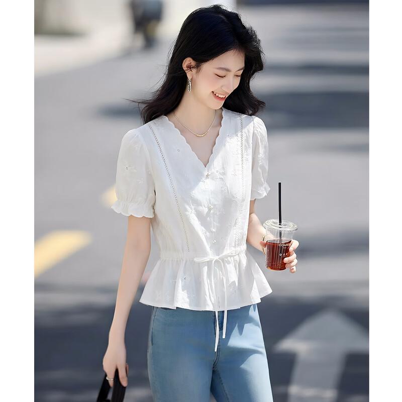 Elegant Embroidered Pearl Button Blouse XL