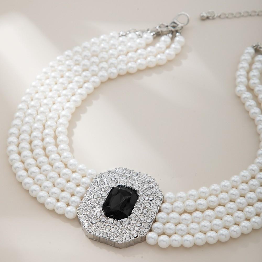Charm Rhinestone Necklace Imitation Pearl Women Choker Vintage Pearl Multilayer Necklace  Party
