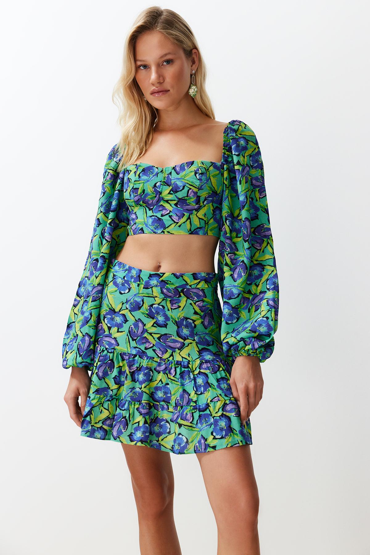 

Women s Top-Bottom Set Fashion New Season Floral Patterned Woven Balloon Sleeve Blouse Skirt Set S сієна