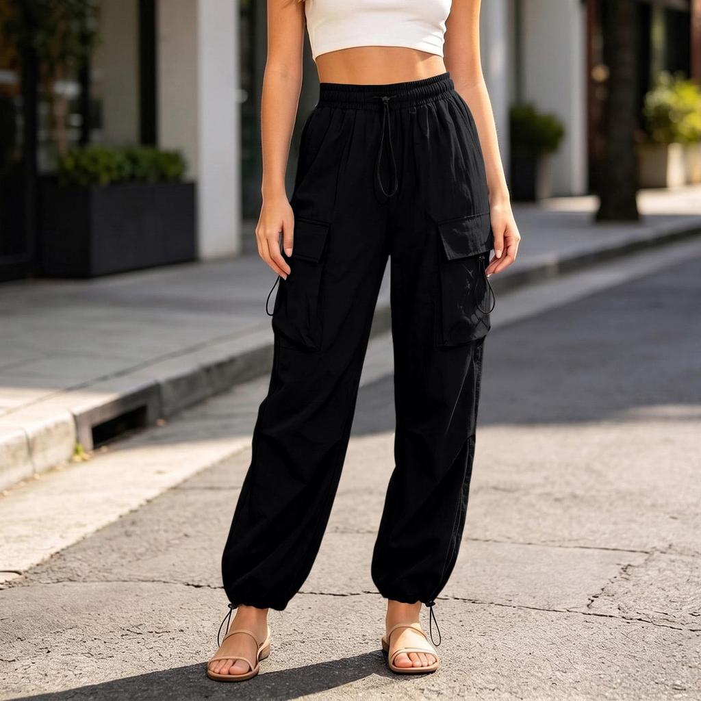 Women Casual Cargo Pants Elastic Waistband Drawstring Adjustable Ankle Pockets Loose Fit Workwear Trousers
