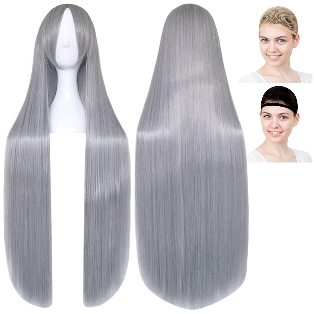 

CaseEden Cosplay Wig, Long, 100cm, Smooth, Straight, Gray, Silver Gray, Includes 2 Wig Nets