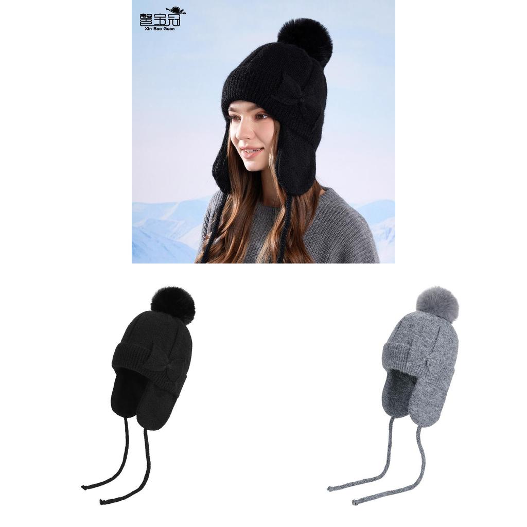 Women Knitted Warm Winter Hat With Bow For Outdoor Sports And Commuting