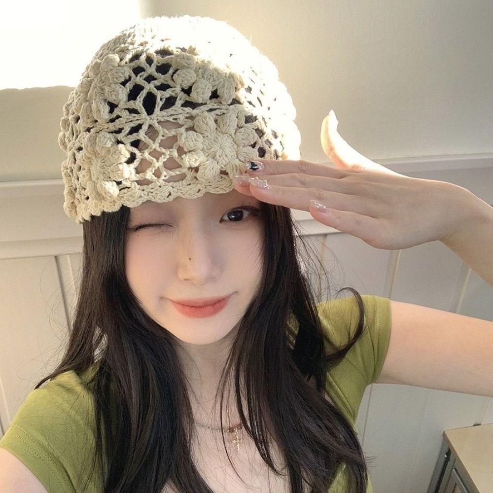 Hollow Knit Basin Caps Weave Beanies Cap Ins Crochet Flower Hat  Ladies