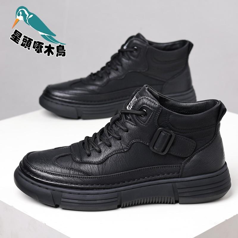 Star-headed woodpecker men's shoes winter new casual high-top cotton leather shoes men's soft-soled shoes