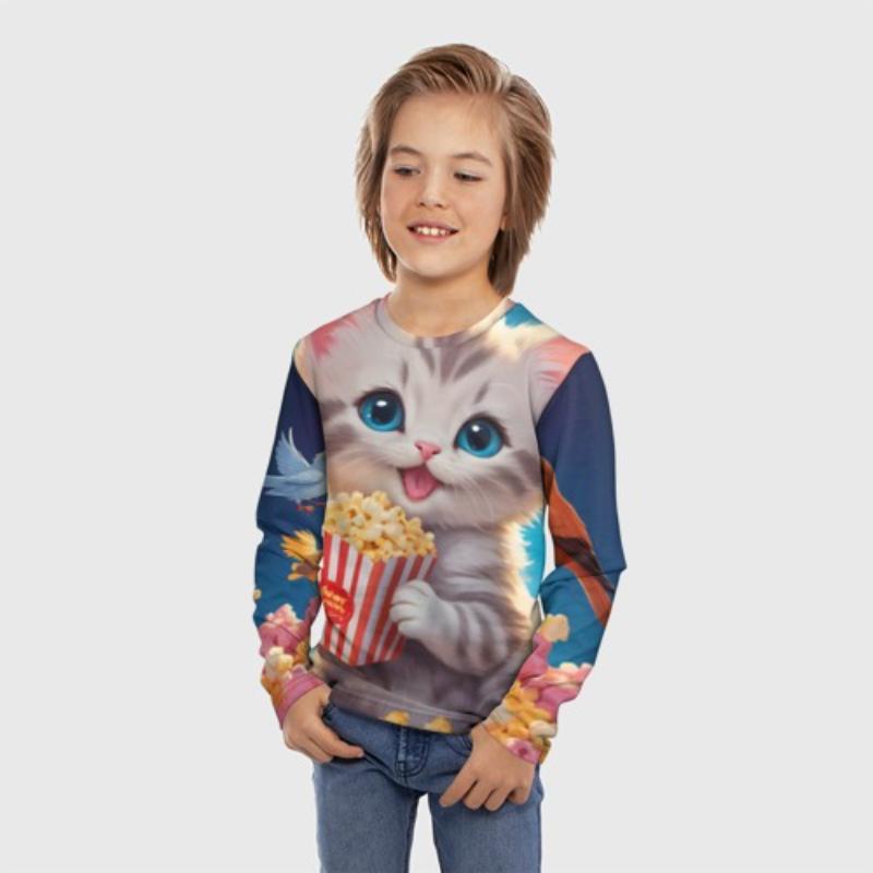 Children's Cartoon Cute Kitten Print T-shirt Boys Cute Long Sleeved Soft Comfortable Top