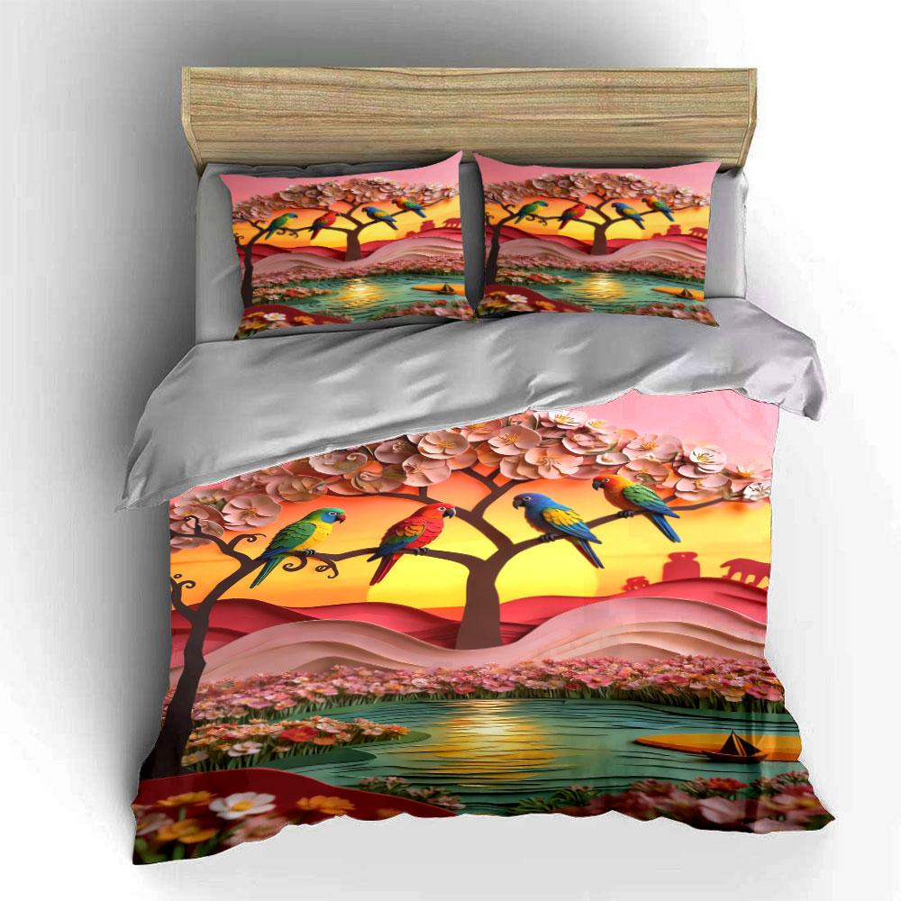 Colorful parrots on trees. Bedding sets Duvet cover sets Duvet covers Pillowcases(1 * Duvet Cover 2 * Pillowcases without duvet insert)