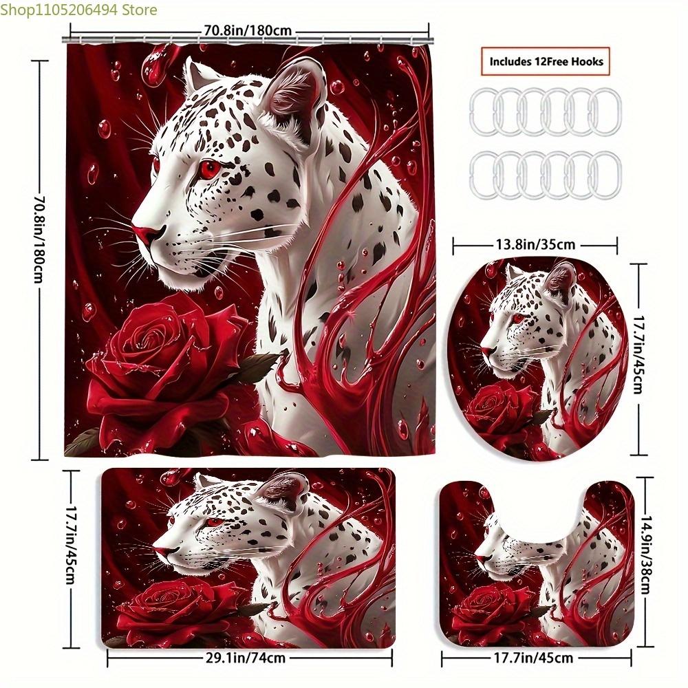 1/4 szt. Zestaw zasłon prysznicowych z różą i panterą, Zestaw dekoracyjny do łazienki zawiera zasłonę prysznicową, Antypoślizgowy dywanik podłogowy, Pokrycie na sedes