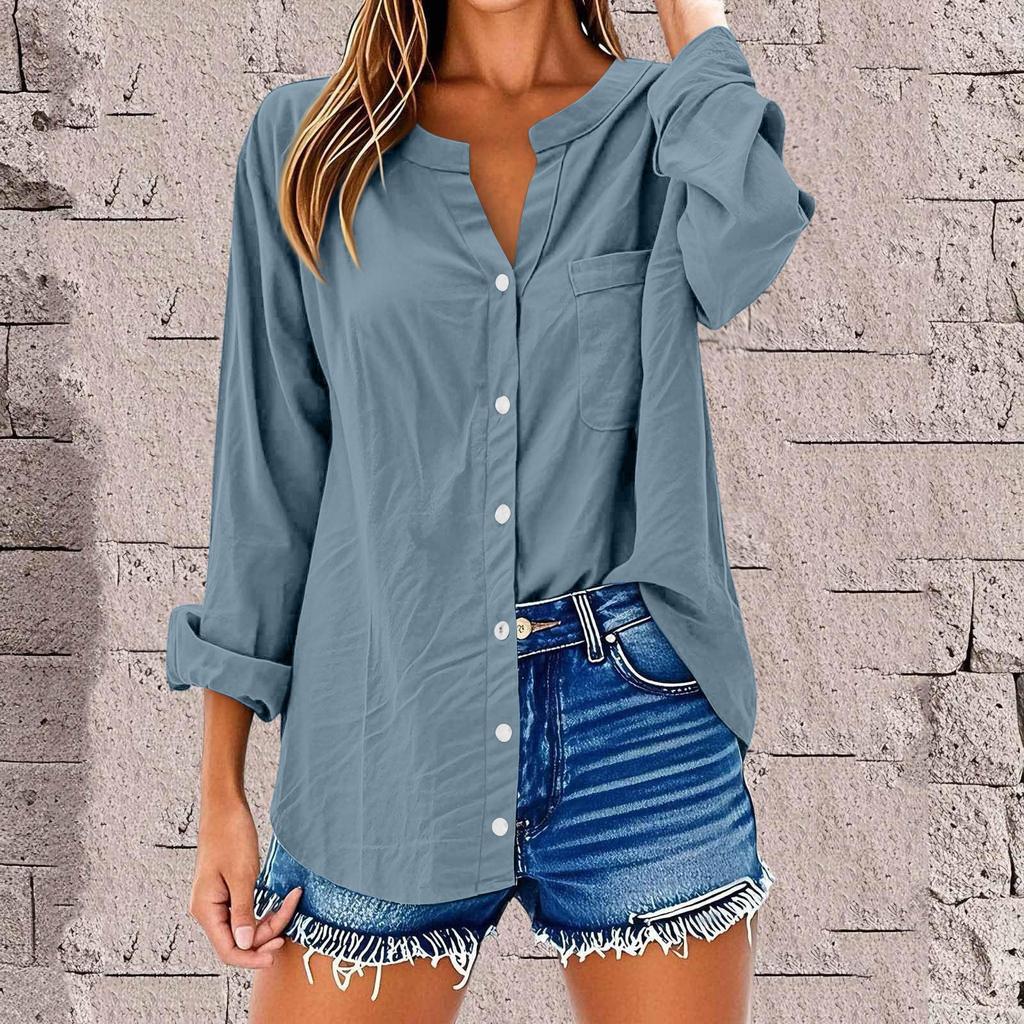 Women's Fashion Casual Solid Color T-Shirt Cotton Linen Long Sleeve Cardigan Loose Top