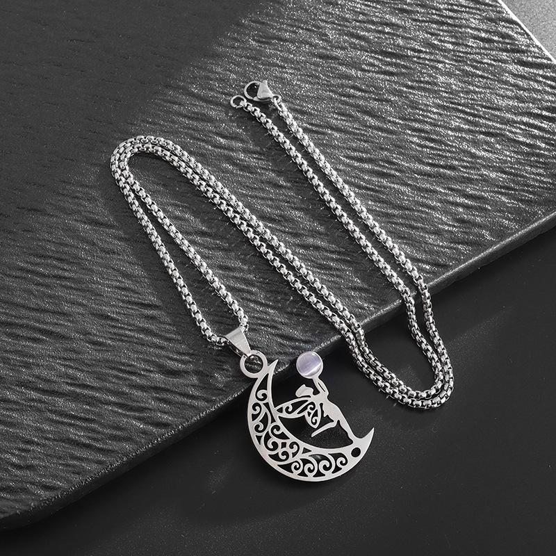 Hot Selling In Europe and America Simple and Fashionable Girl Style Titanium Steel Cut Hollow Moon Elf Pendant Stainless Steel