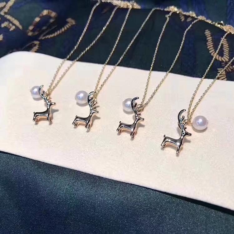 Korean Simple Style 18k Gold-Plated Silver Deer Necklace with Pearl, Women's Clavicle Chain, Christmas Gift