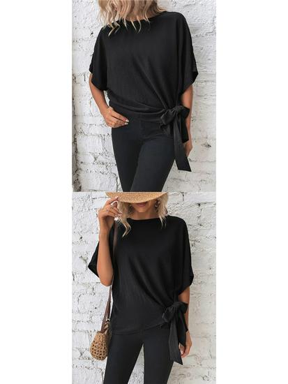 Summer Women's Solid Color Batwing Sleeve Knot Hem Loose T-shirt