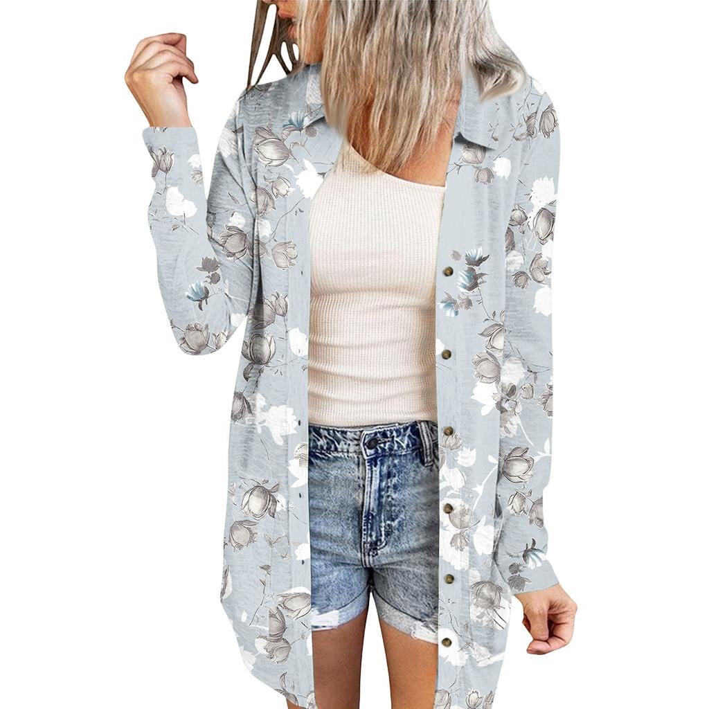 Women's Casual Fashion Printed Long-sleeved Mid-length Cardigan Jacket