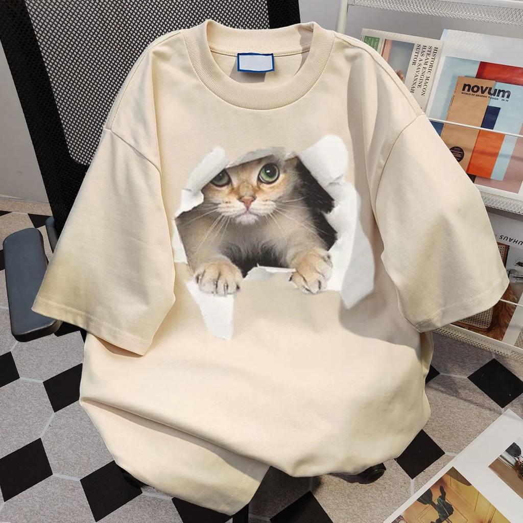 Cotton Cat Print Summer Short-sleeved T-shirt Women's Loose Casual and Thin Versatile Crew Neck Couple Heavy Ins
