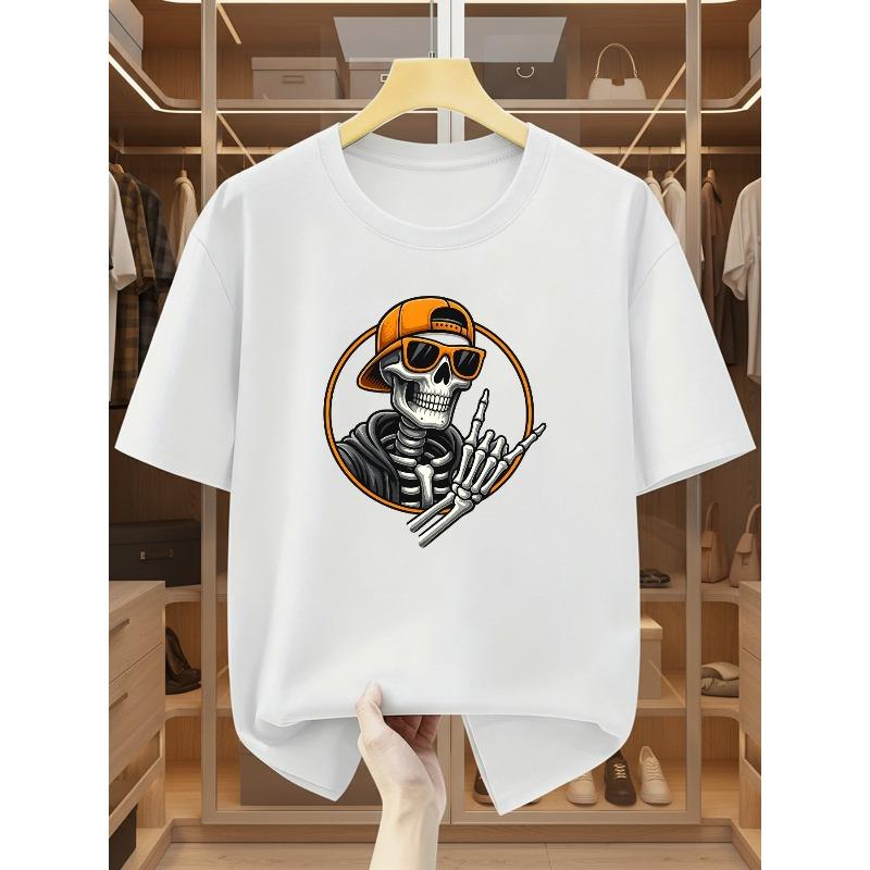 Plus Size Men'S T-Shirts Trendy Skull Print Round Neck Short Sleeve Tee Individual Skull Gesture Hip-Hop Style Comfortable Casual In Summer
