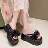 Fashion slope heel slippers heightened platform women wear summer sandals 2025 new sweet bow one-word drag