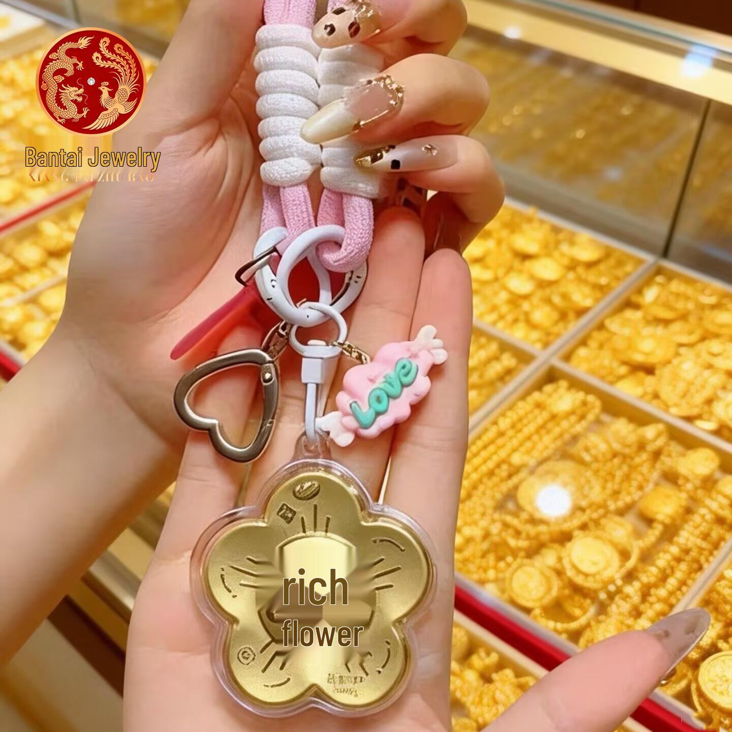 999 Pure Gold Horse Year Charm Keychain: Prosperity Flower Bag & Phone Accessory, Perfect for New Year Gifts