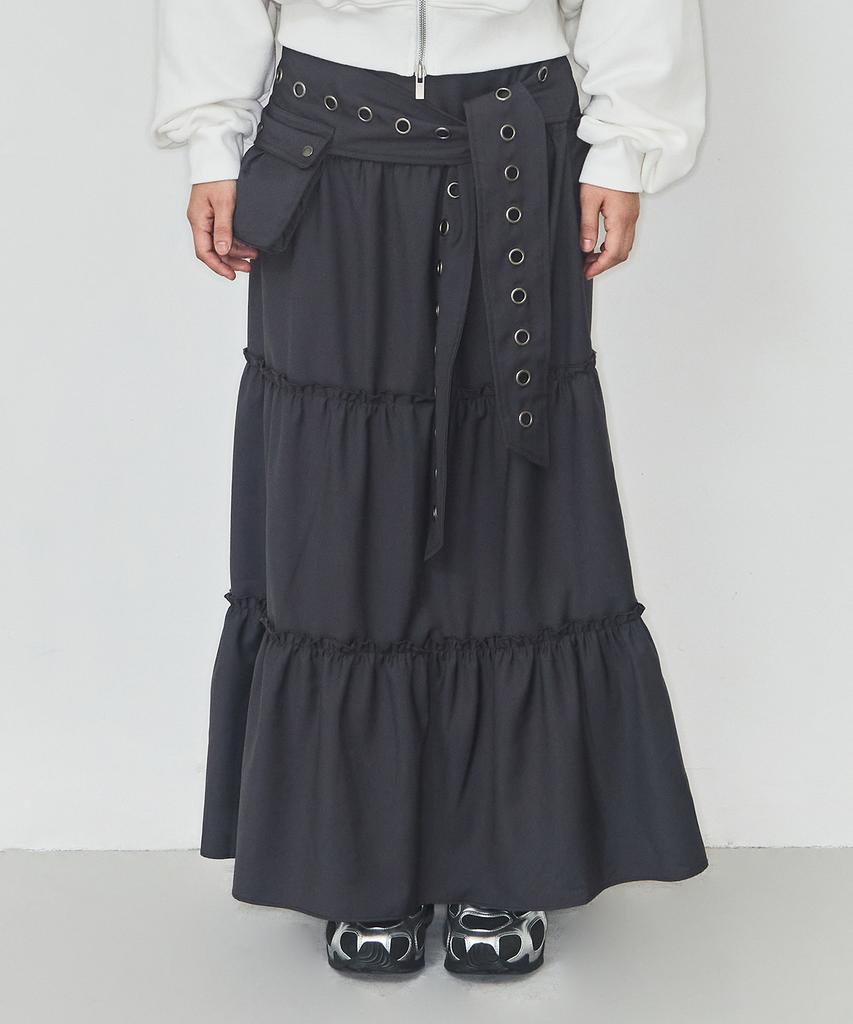 Aejeuyua Pocket Frill Long Skirt Charcoal