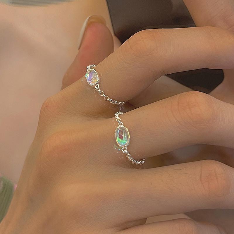 Elegant Blue Moonstone Copper Ring For Women Unique Ins Style Adjustable Geometric Fashion Accessory