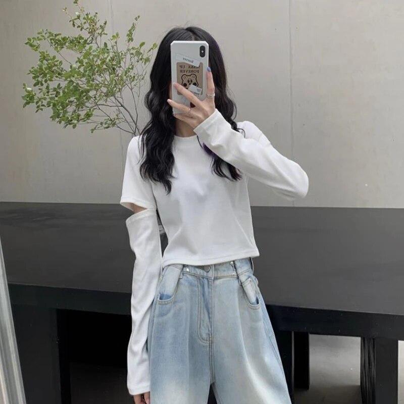 Langermede T-skjorter Kvinner Løse Hotsweet Hollow Out Crop Tops Studenter Mote Enkel All-match Våren Uformelt koreansk stil Ins