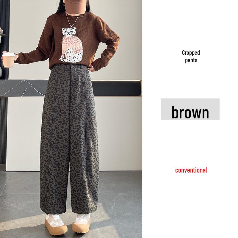 

2026 Spring/Summer Leopard Print Plus Size Wide-Leg Woolen Pants - Slimming, Curved Leg, Comfortable 9-Point Fit for Women 3XL (160-180 jin)