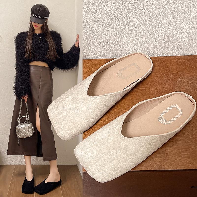 Retro Square Head Half Slippers Women's New Spring and Summer Suede Bag Head Soft Sole Flat Heel Slippers Flat Heel Shoes Large Size Shoes