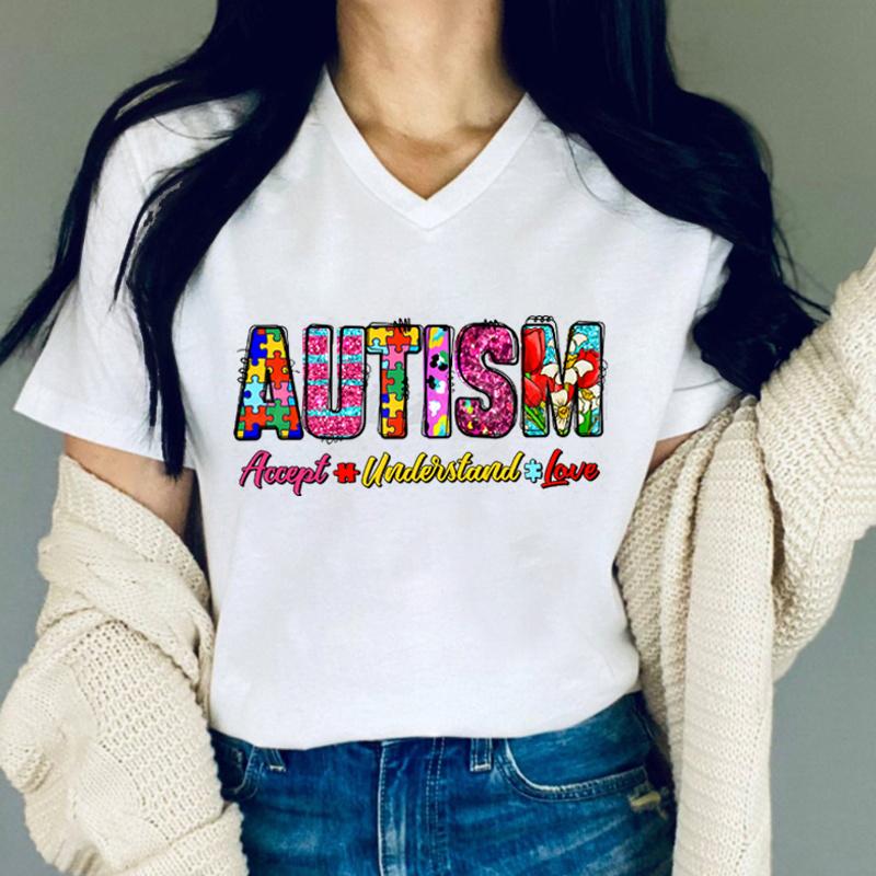Retro Autism Tshirt Accept Understand Love Classic Tops Tees Women Tshirts Autism Awareness Gift for Mom Vneck Summer Clothes