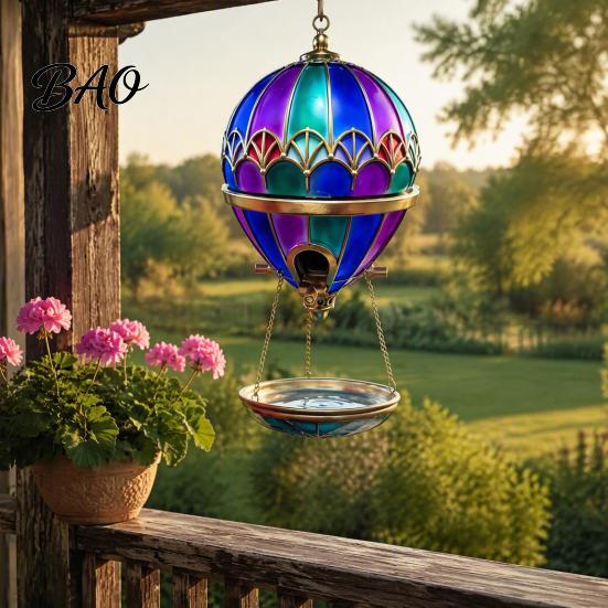 Wild Bird Water Station Hot Air Balloon Feeder, Retro Stained Glass Art Feeder with Bath Tray, Hanging for Outdoor Garden Patio Backyard Tray