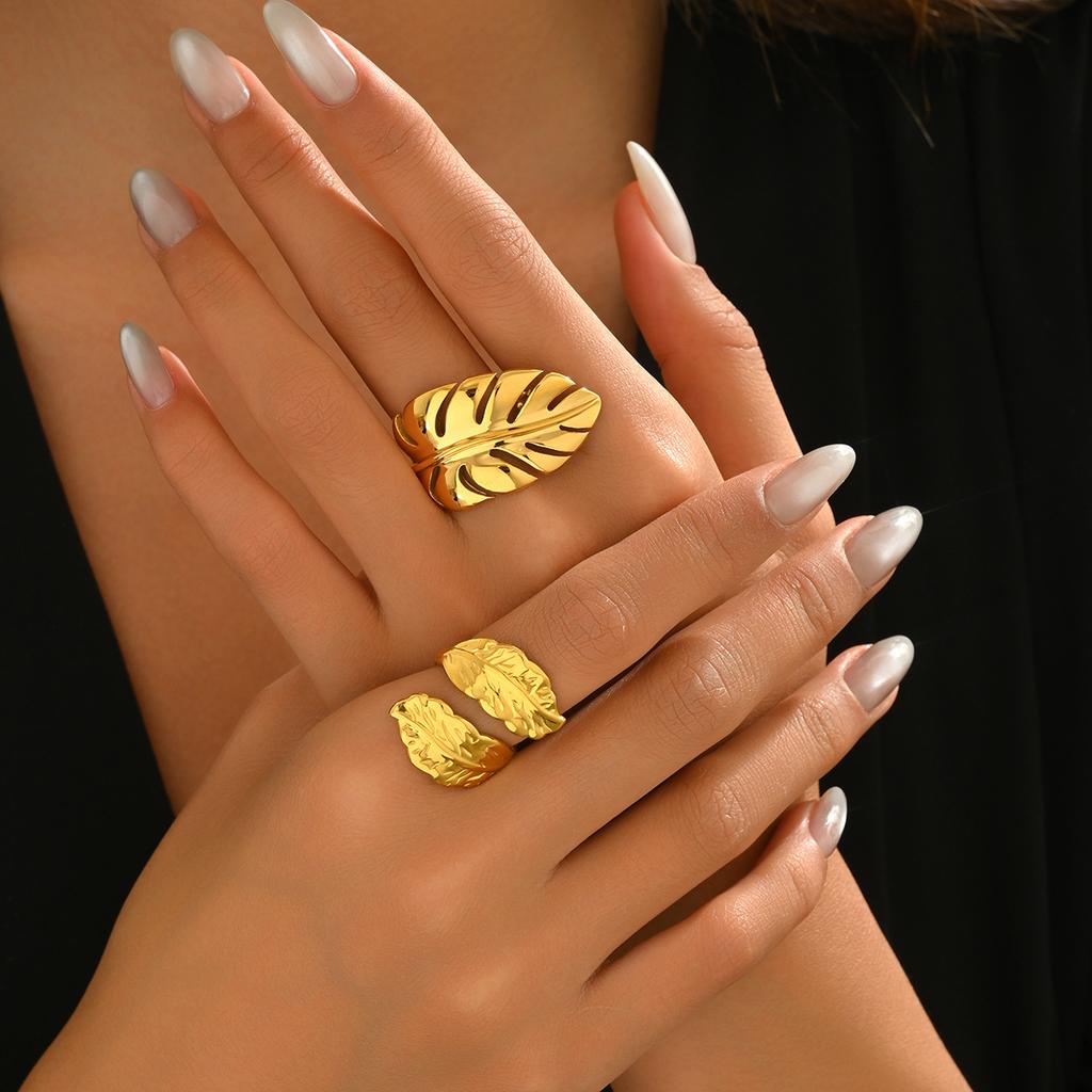 Wind Ladies Ring Set 18k Electroplating Leaf Design Opening Adjustment Ring Versatile Jewelry Women
