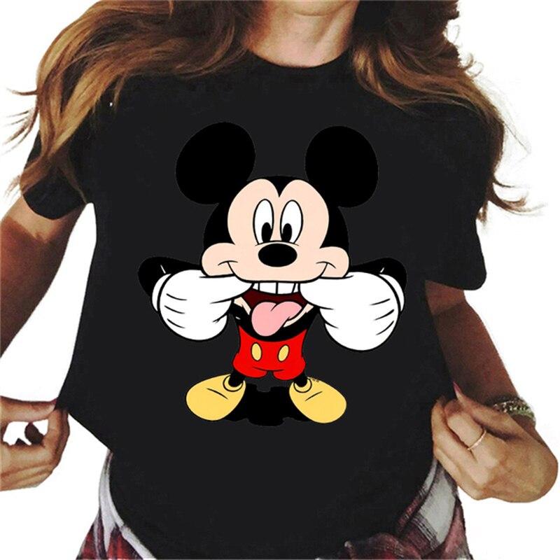 

2022 Disney Женский летний топ Микки и Минни Графический принт Черная футболка Мода Мультфильм Микки Маус Анимация Печать T