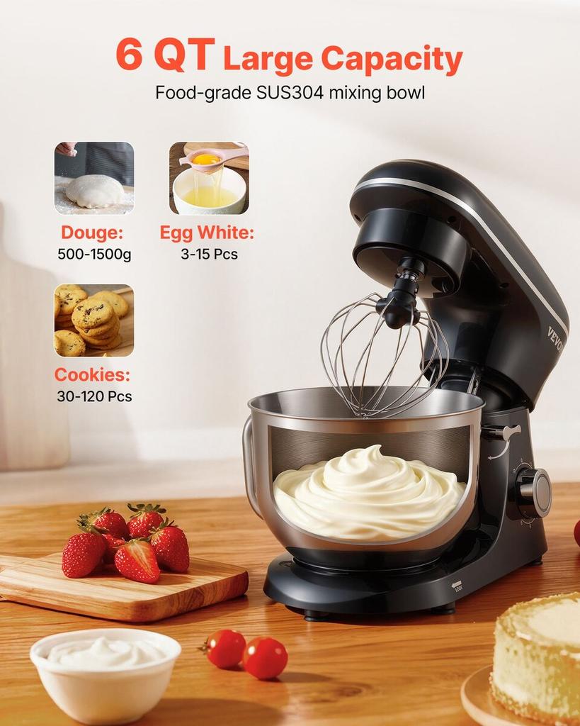 Stand Mixer 6 Quart Electric Dough Mixer 1400W 6 + P Speeds Food Beater
