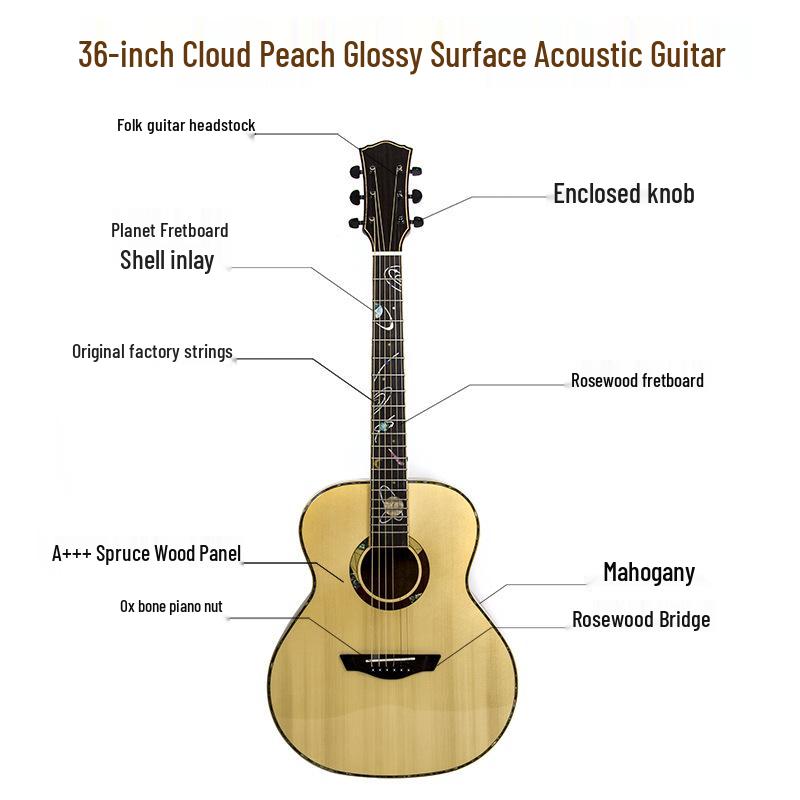 36" Cloud Peach Solid Wood Folk Guitar for Kids, Beginner Travel Guitar