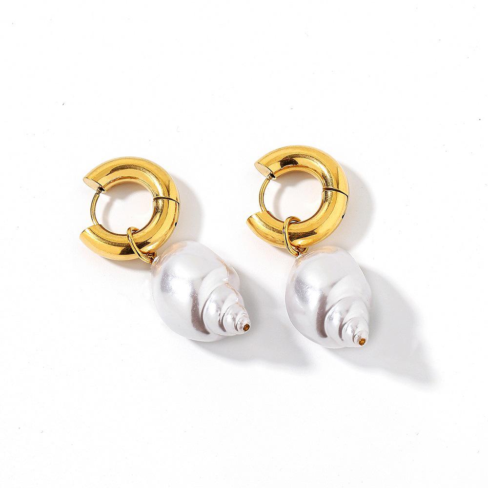 Ying Tai Stainless & Titanium Steel Earrings with Seashell Imitation Pearl, High Polish 18K Gold Vacuum Plating, Non-Fading Women's.