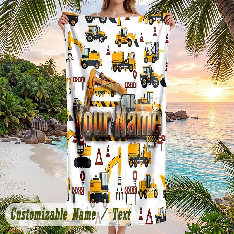 Construction Vehicles Theme Beach Towel Personalized Custom Name & Text Soft Quick Dry Beach Towel for Swimming Travel