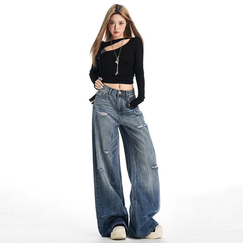 American Retro Wide-Leg Ripped Jeans - Women’s Fashionable Slimming Spring/Autumn Style