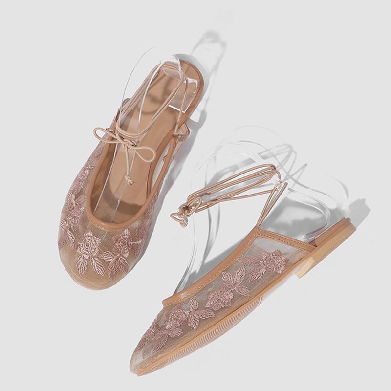 Fashion Fashion Air Mesh Flowers Embroidery Women Ballet Flats Comfortable Soft Soles Lace Up Slingbacks Summer Loafers Casual Shoes